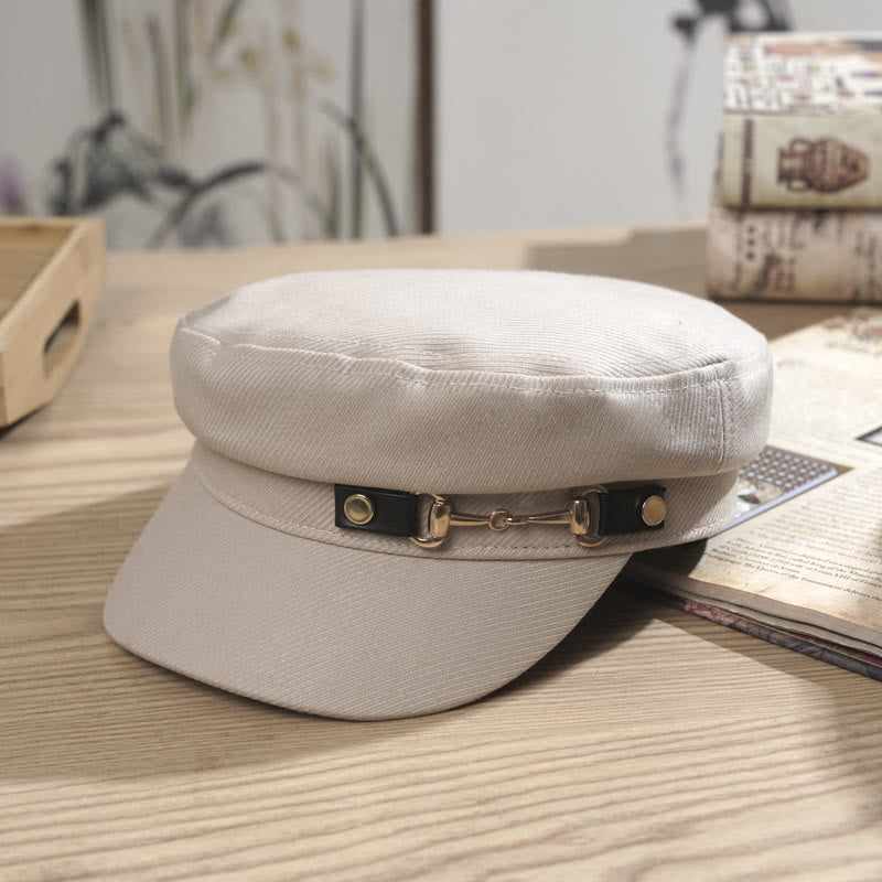 Winter Women's Flat Topped Beret Hat With Brim Buckle - Beige - image 0