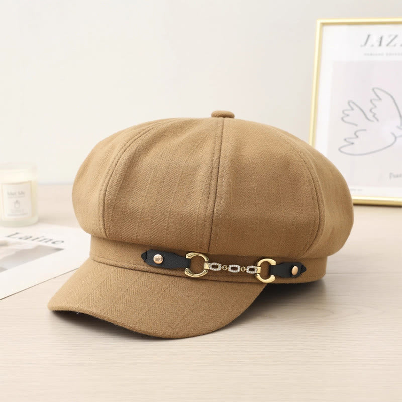 Fashion Winter Women's Beret Hat With Metal Buckle Chain - Khaki - L (21 5/8"-23 5/8") - image 0