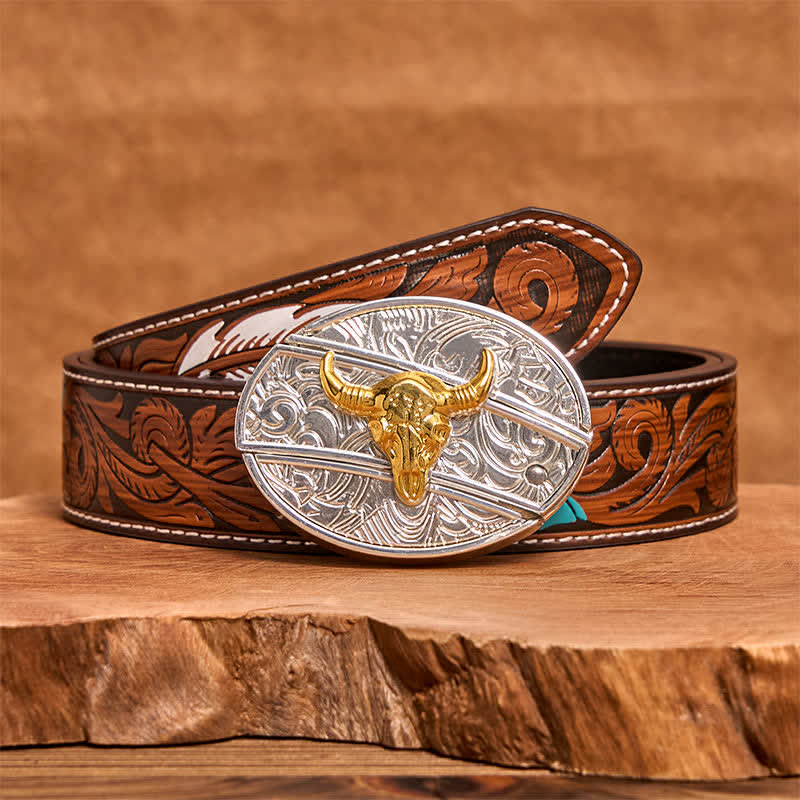 Men's DIY Gold & Silver Bull Hidden Folding Knife Leather Belt - Bull - Brown Feather Belt - 40 - image 8