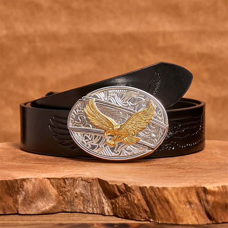 Men's DIY Gold & Silver Eagle Hidden Folding Knife Leather Belt - Eagle - Black Embossed Eagle Belt - 42 - image 4