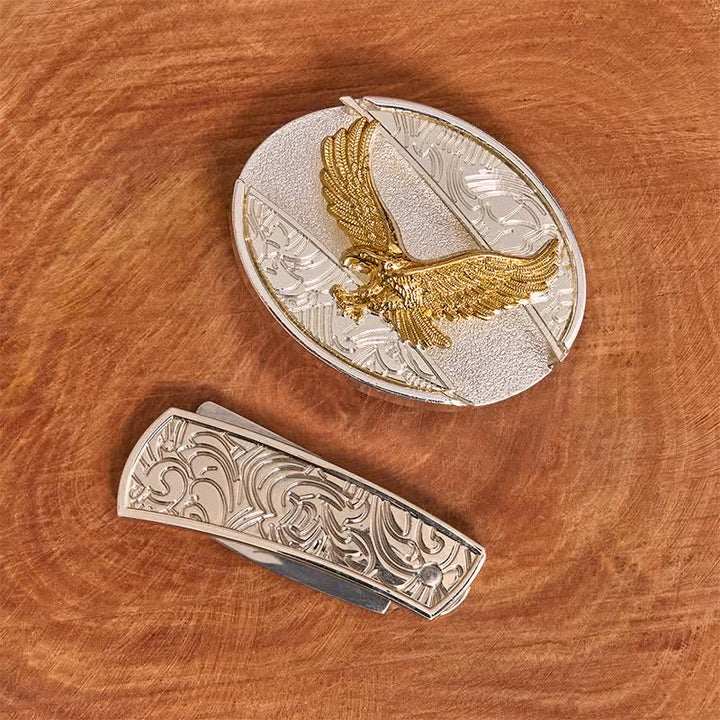 Men's DIY Gold & Silver Eagle Hidden Folding Knife Leather Belt - image 2