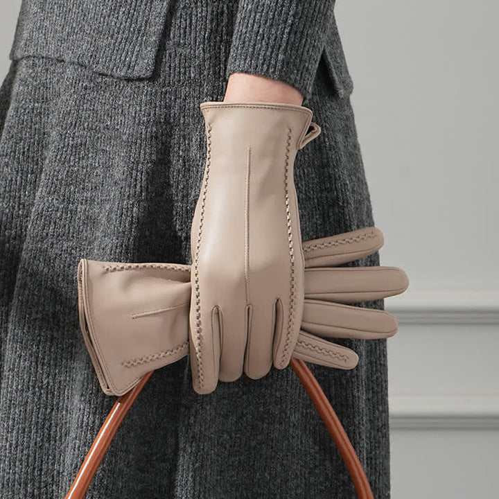 Women's Sheepskin Wrinkle Genuine Leather Leather Gloves - Light Khaki - Fleece-Lined - L - image 9