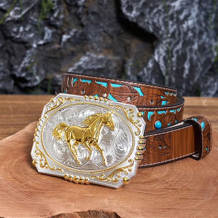 Golden Running Horse DIY Cowboy Buckle Leather Belt - Running Horse - Turquoise Carved Belt - 42 - image 3