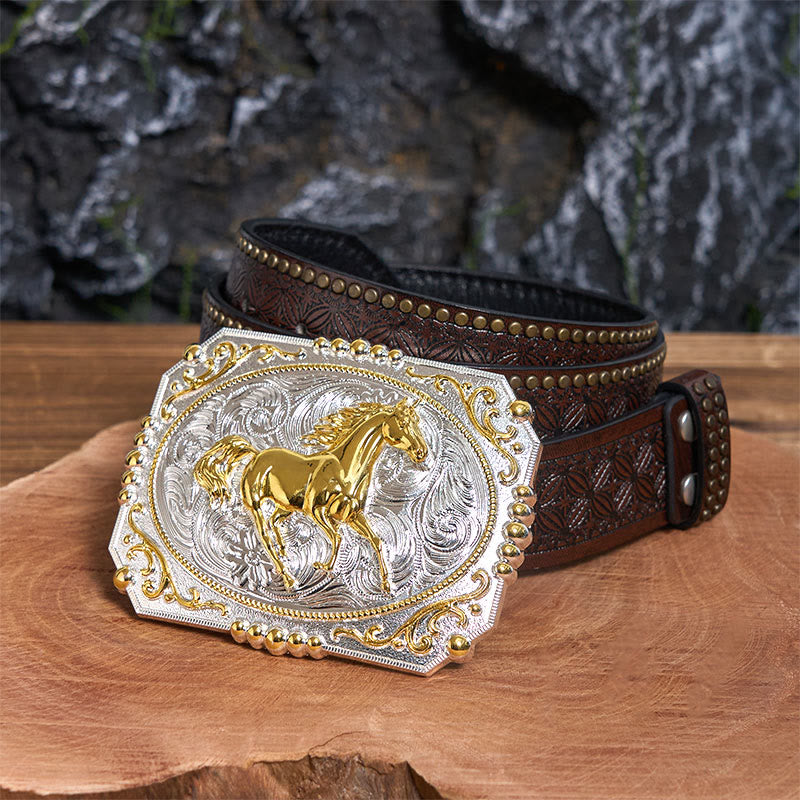 Golden Running Horse DIY Cowboy Buckle Leather Belt - Running Horse - Brown Rivet Belt - 42 - image 4