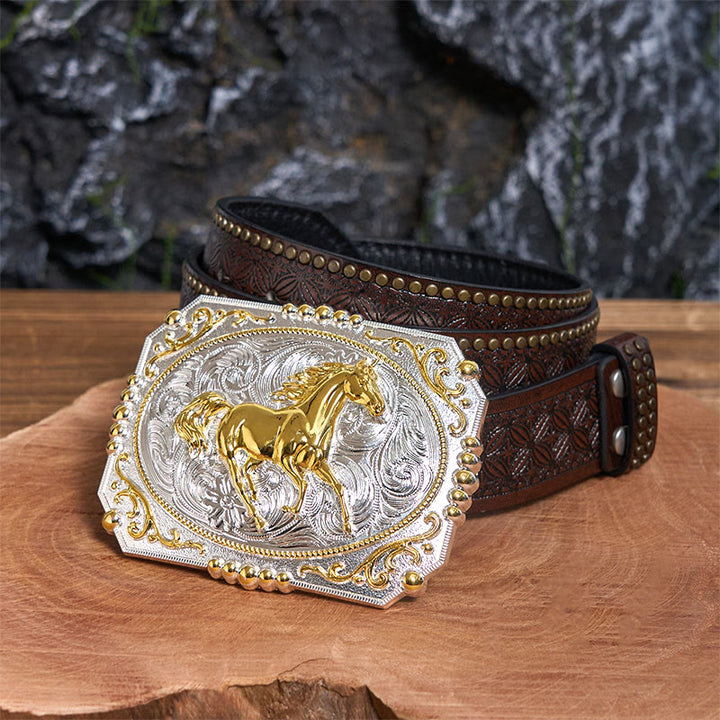 Golden Running Horse DIY Cowboy Buckle Leather Belt - Running Horse - Brown Rivet Belt - 42 - image 4