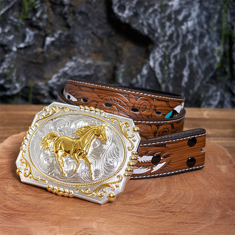 Golden Running Horse DIY Cowboy Buckle Leather Belt - Running Horse - Brown Feather Belt - 40 - image 7