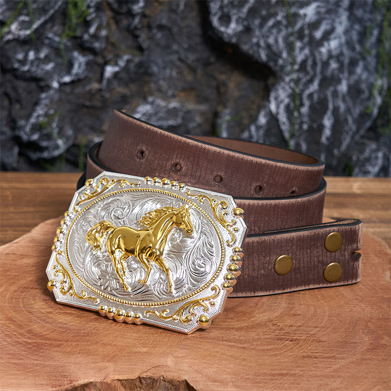 Golden Running Horse DIY Cowboy Buckle Leather Belt - Running Horse - Brown Distressed Belt - 42 - image 5