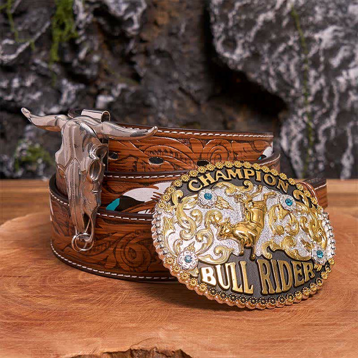 Golden DIY Bull Rider Belt Buckle Longhorn Bull Pendant Bundle Set - Bull Rider - Brown Feather Belt - 40 - image 7