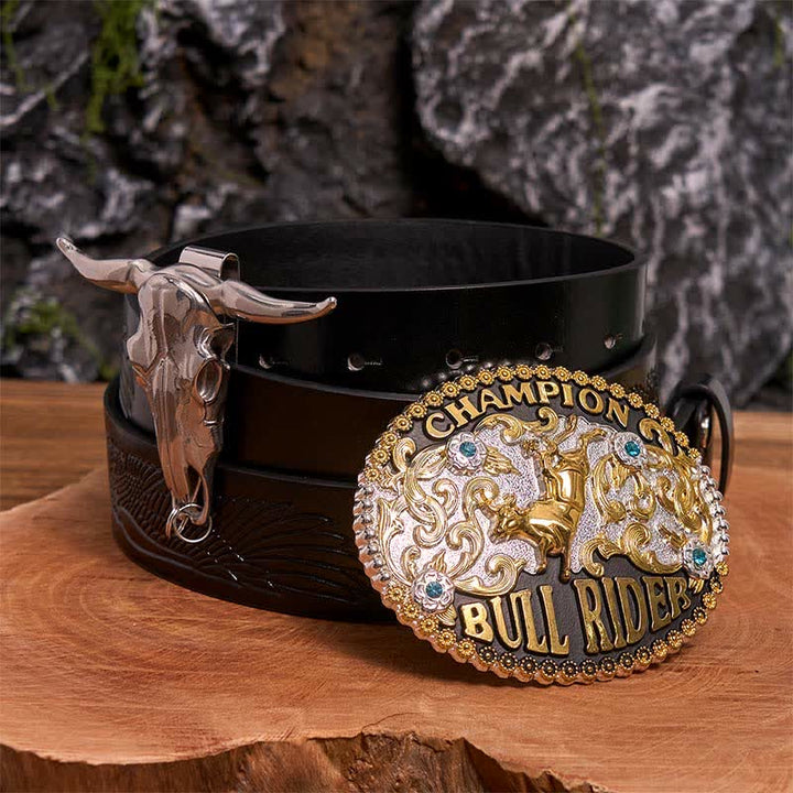 Golden DIY Bull Rider Belt Buckle Longhorn Bull Pendant Bundle Set - Bull Rider - Black Embossed Eagle Belt - 42 - image 3