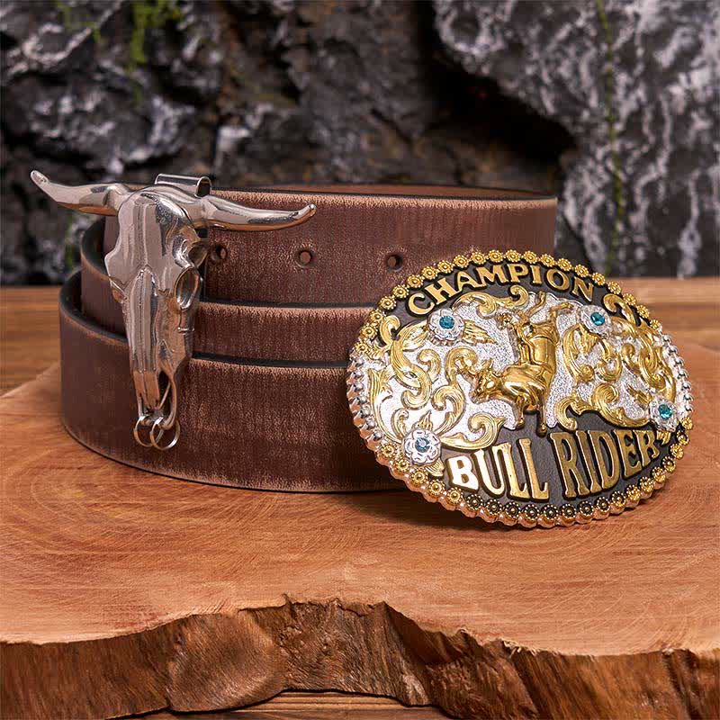 Golden DIY Bull Rider Belt Buckle Longhorn Bull Pendant Bundle Set - Bull Rider - Brown Distressed Belt - 42 - image 5