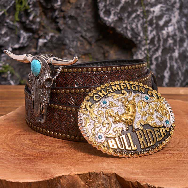 Bull Rider DIY Belt Buckle Turquoise Longhorn Bull Pendant Bundle Set - Bull Rider - Brown Rivet Belt - 42 - image 4