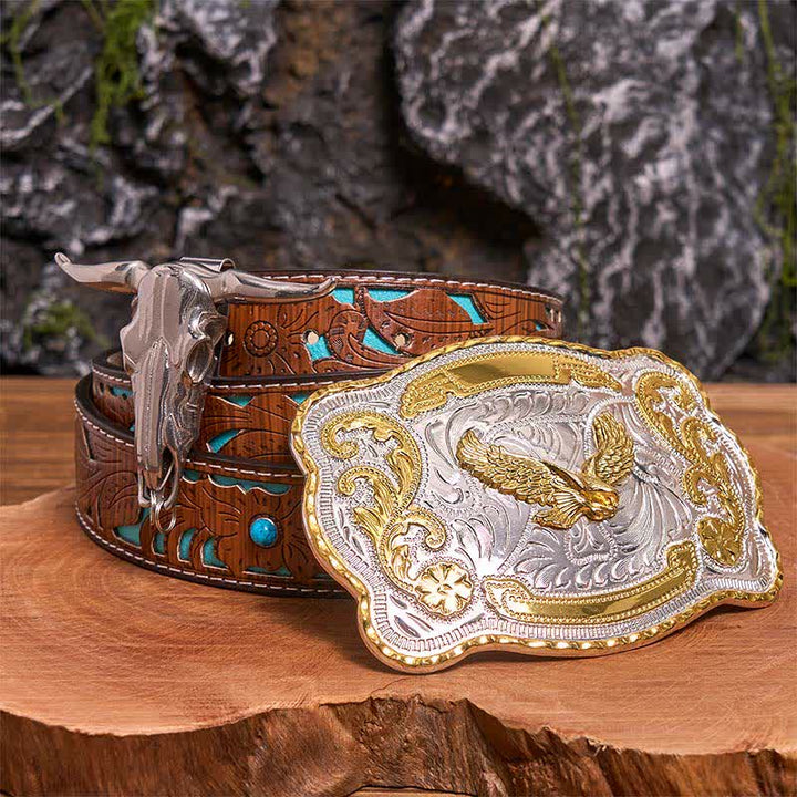 Gold Flying Eagle DIY Belt Buckle Longhorn Bull Pendant Bundle Set - Flying Eagle - Turquoise Carved Belt - 42 - image 3
