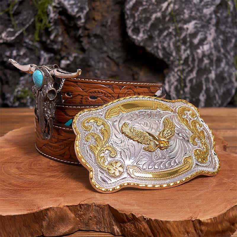 Gold Eagle DIY Belt Buckle Turquoise Longhorn Bull Pendant Bundle Set - Flying Eagle - Brown Feather Belt - 40 - image 7