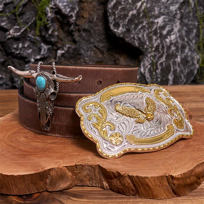 Gold Eagle DIY Belt Buckle Turquoise Longhorn Bull Pendant Bundle Set - Flying Eagle - Brown Distressed Belt - 42 - image 5