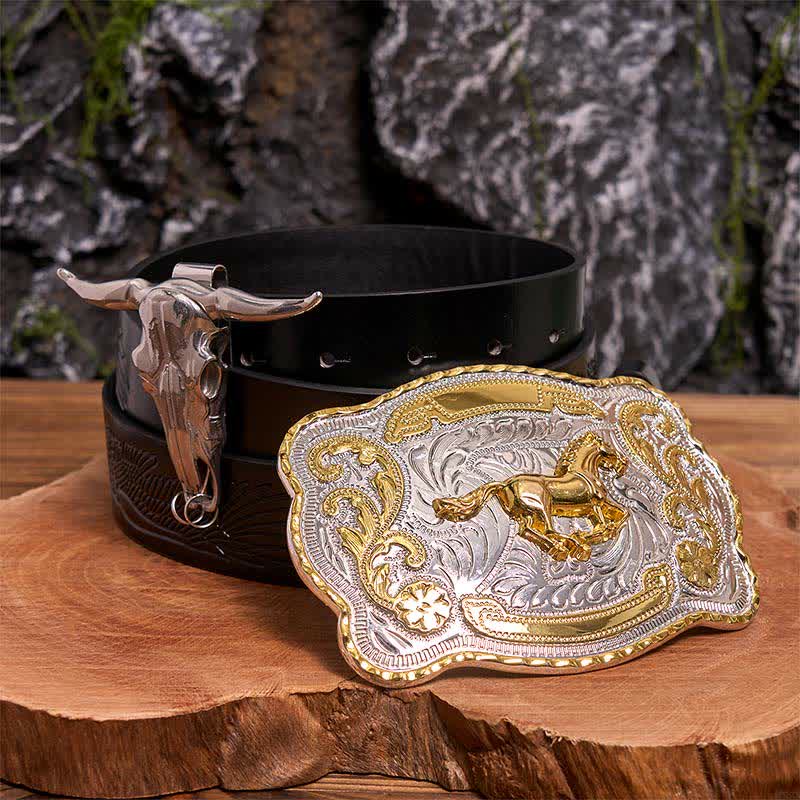 Gold Horse DIY Belt Buckle Longhorn Bull Pendant Bundle Set - Horse - Black Embossed Eagle Belt - 42 - image 3