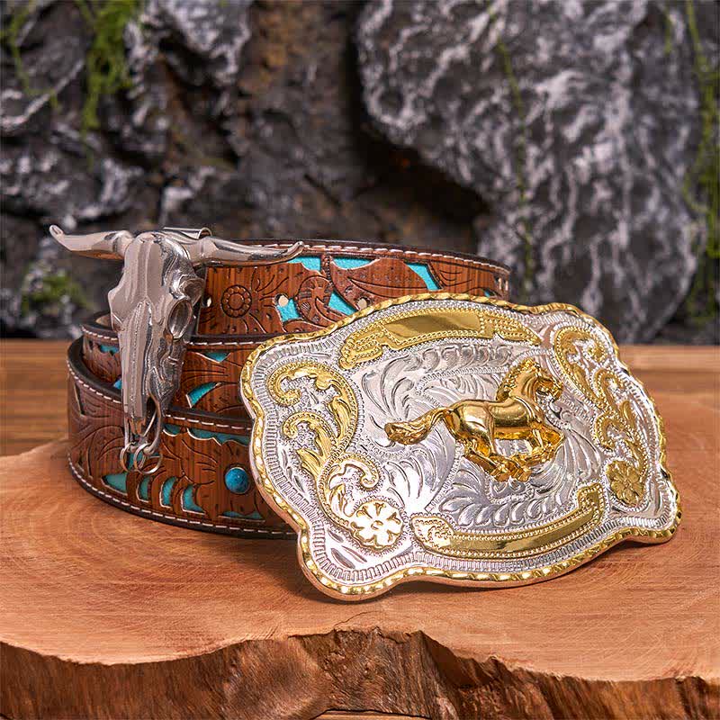 Gold Horse DIY Belt Buckle Longhorn Bull Pendant Bundle Set - Horse - Turquoise Carved Belt - 42 - image 4