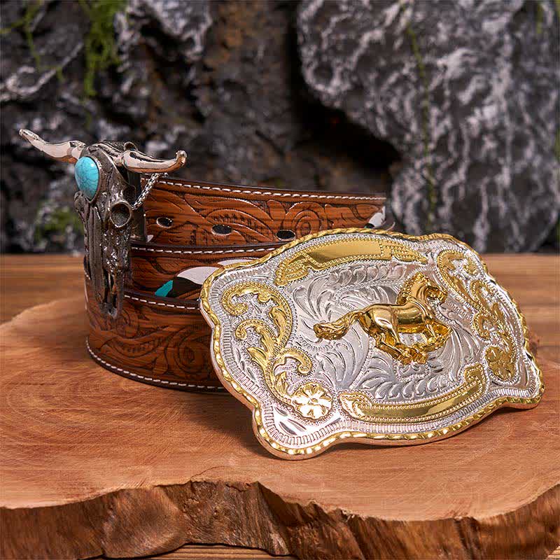 Gold Horse DIY Belt Buckle Turquoise Longhorn Bull Pendant Bundle Set - Horse - Brown Feather Belt - 40 - image 0