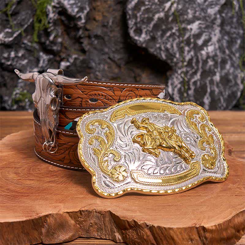 Horse Riding DIY Belt Buckle Longhorn Bull Pendant Bundle Set - Horse - Brown Feather Belt - 40 - image 0