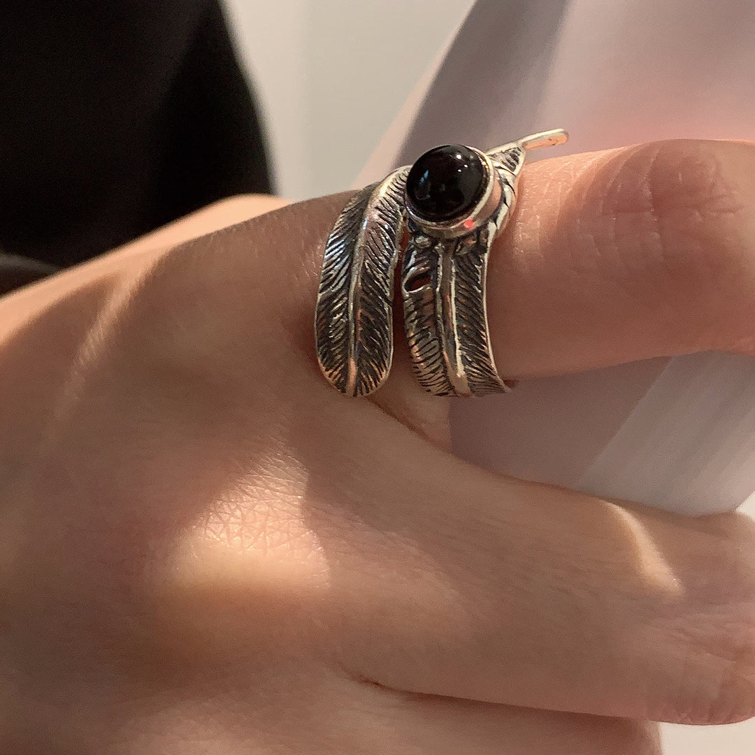 Vintage Silver Enamel Black Dropped Feather Ring - image 2