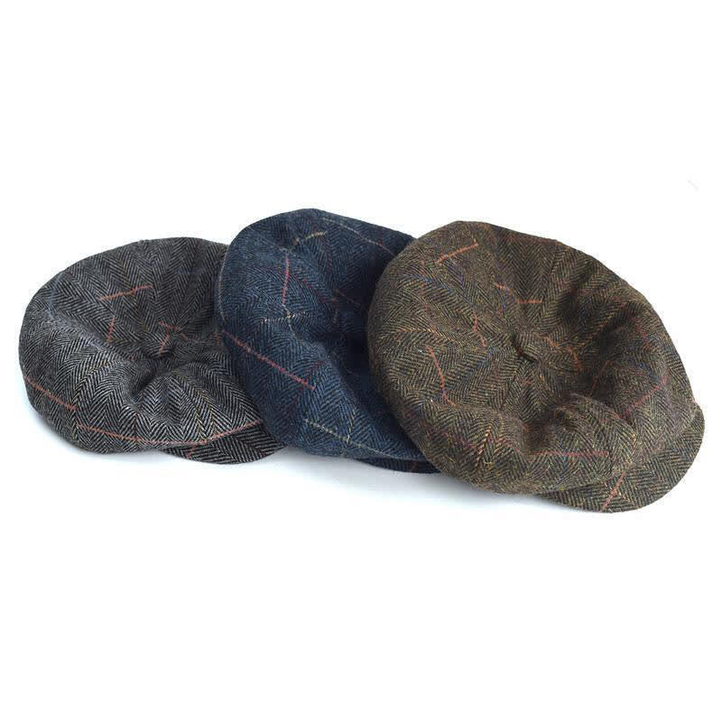 Herringbone & Plaid Warm Wool Blend Octagonal Beret Hat - image 2