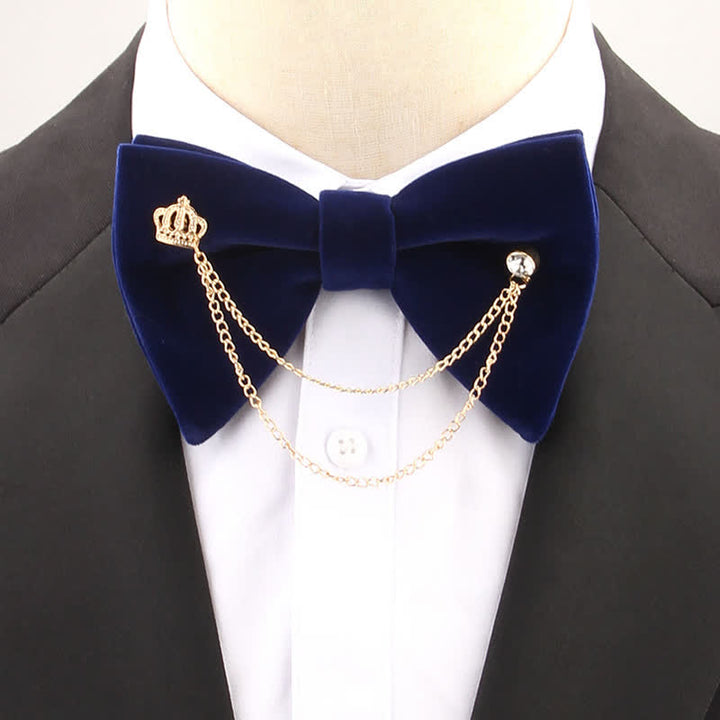 Golden Chain Solid Color Velvet Oversized Pointed Bow Tie - Navy - image 4