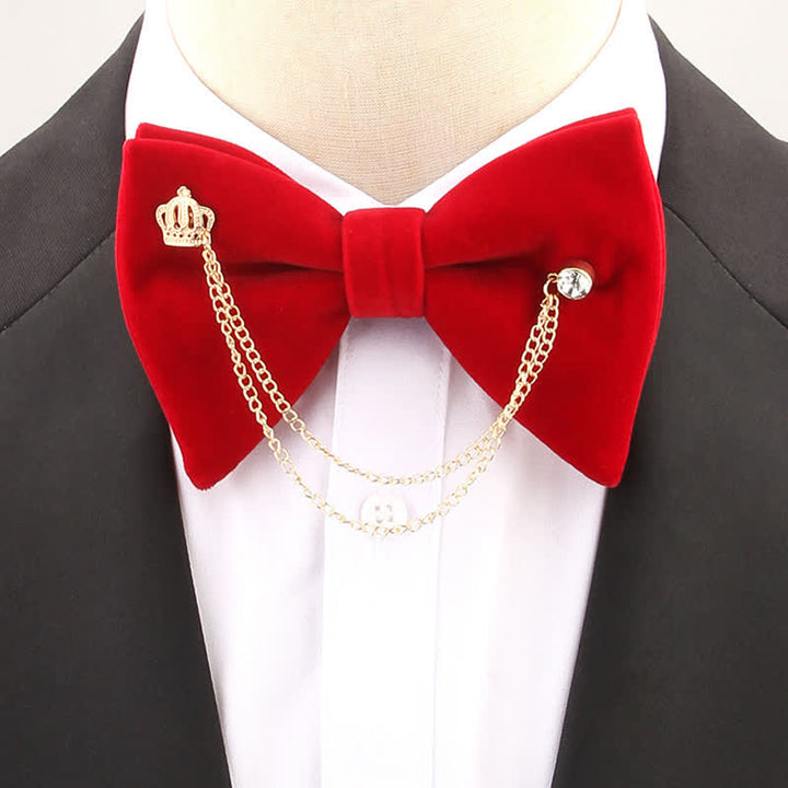 Golden Chain Solid Color Velvet Oversized Pointed Bow Tie - Red - image 3