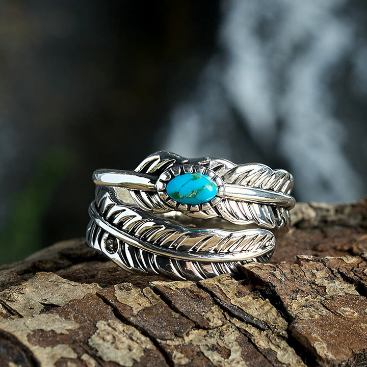 Silver Bohemian Style Inlaid Turquoise Feather Ring - image 4