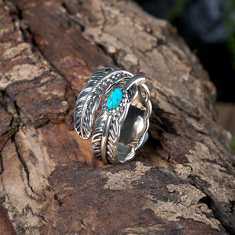 Silver Bohemian Style Inlaid Turquoise Feather Ring - image 3