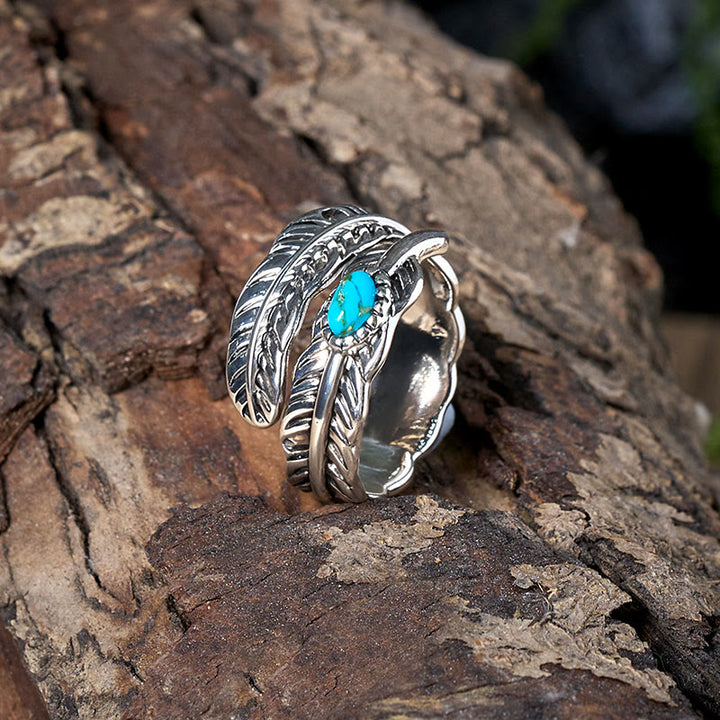 Silver Bohemian Style Inlaid Turquoise Feather Ring - image 3