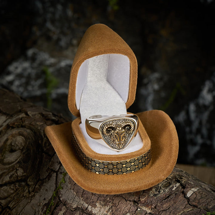 Vintage Western Style Carved Ram Head Ring - image 2