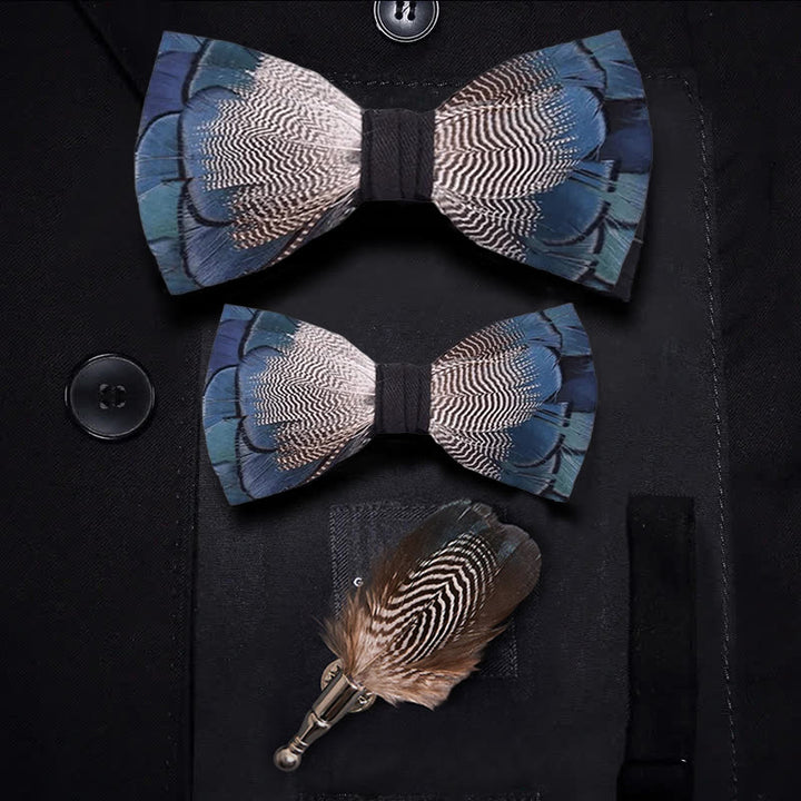 Blue & White Mallard Duck Feather Bow Tie with Lapel Pin - Parent-Child Set - image 6