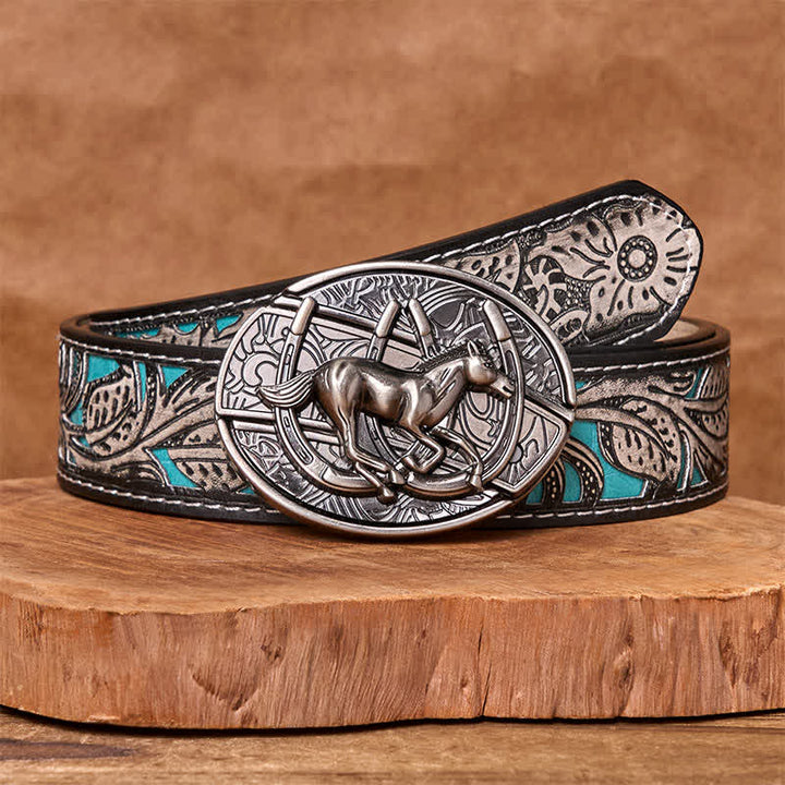 Men's DIY Galloping Horse Hidden Folding Knife Leather Belt - Galloping Horse - Gray Floral Belt - 42 - image 13