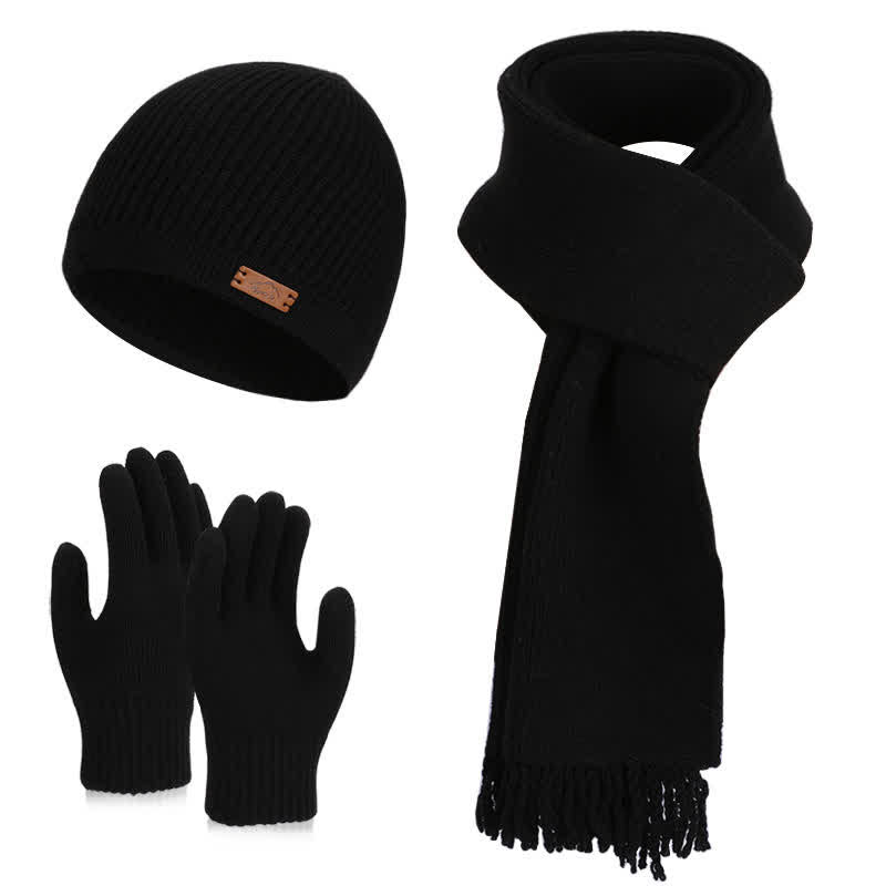3Pcs Solid Color Knitted Beanie Hat Scarf Gloves Set - Black - Adjustable (21 5/8"-23 5/8") - image 18