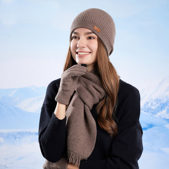 3Pcs Solid Color Knitted Beanie Hat Scarf Gloves Set - image 12