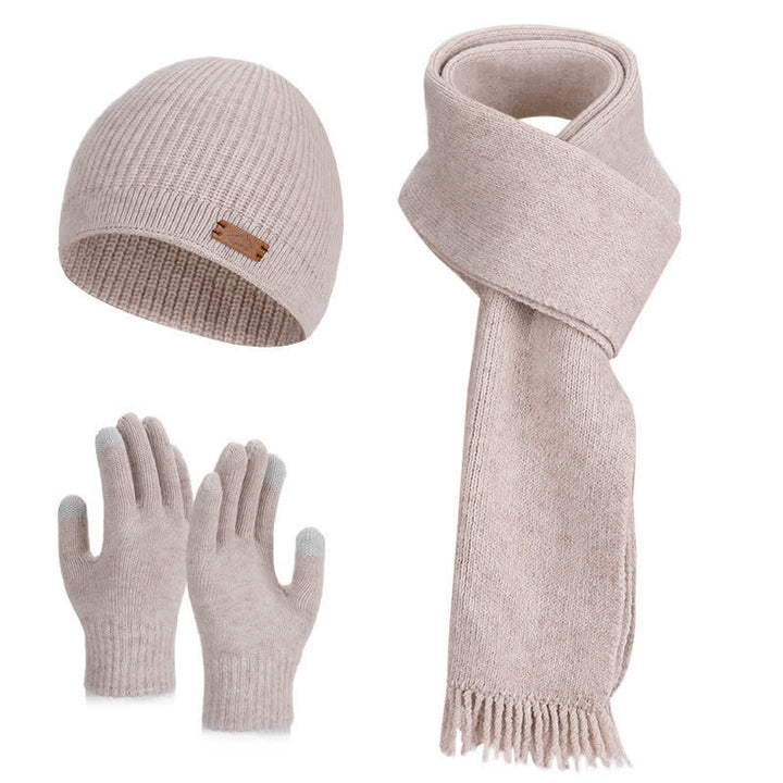 3Pcs Solid Color Knitted Beanie Hat Scarf Gloves Set - Khaki - Adjustable (21 5/8"-23 5/8") - image 2