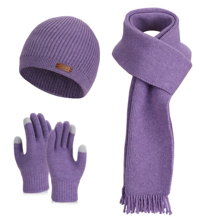 3Pcs Solid Color Knitted Beanie Hat Scarf Gloves Set - Purple - Adjustable (21 5/8"-23 5/8") - image 13
