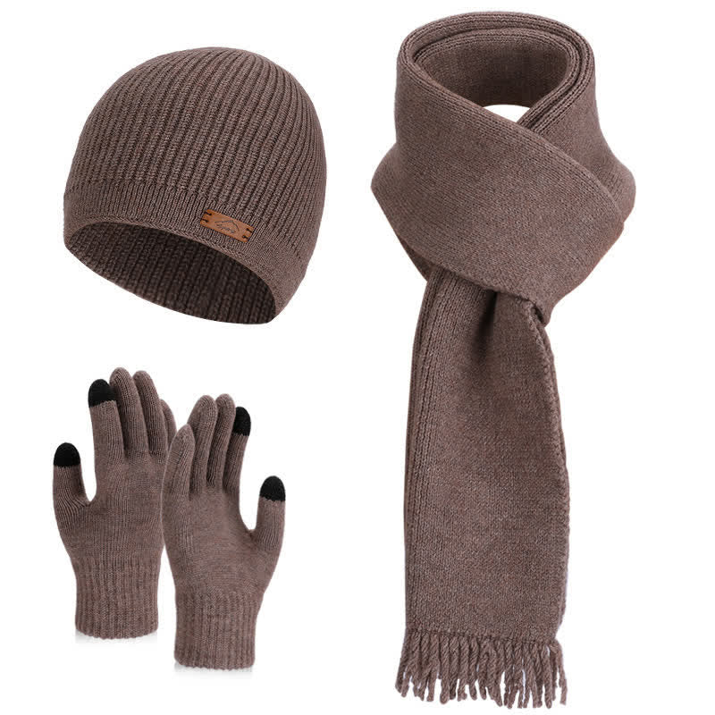 3Pcs Solid Color Knitted Beanie Hat Scarf Gloves Set - Coffee - Adjustable (21 5/8"-23 5/8") - image 11