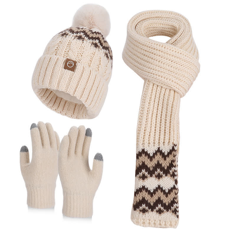 3Pcs Charming Wave Pattern Pom Pom Hat Scarf Gloves Set - Ivory - Adjustable (21 5/8"-23 5/8") - image 0