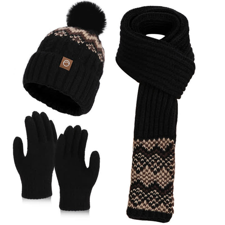 3Pcs Charming Wave Pattern Pom Pom Hat Scarf Gloves Set - Black - Adjustable (21 5/8"-23 5/8") - image 5