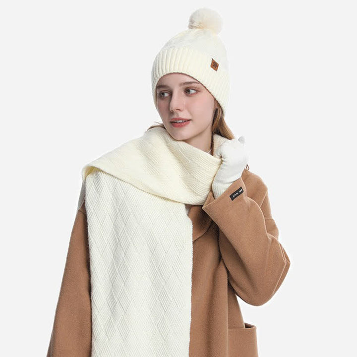 3Pcs Solid Color Fluffy Pom Pom Hat Scarf Gloves Set - image 16