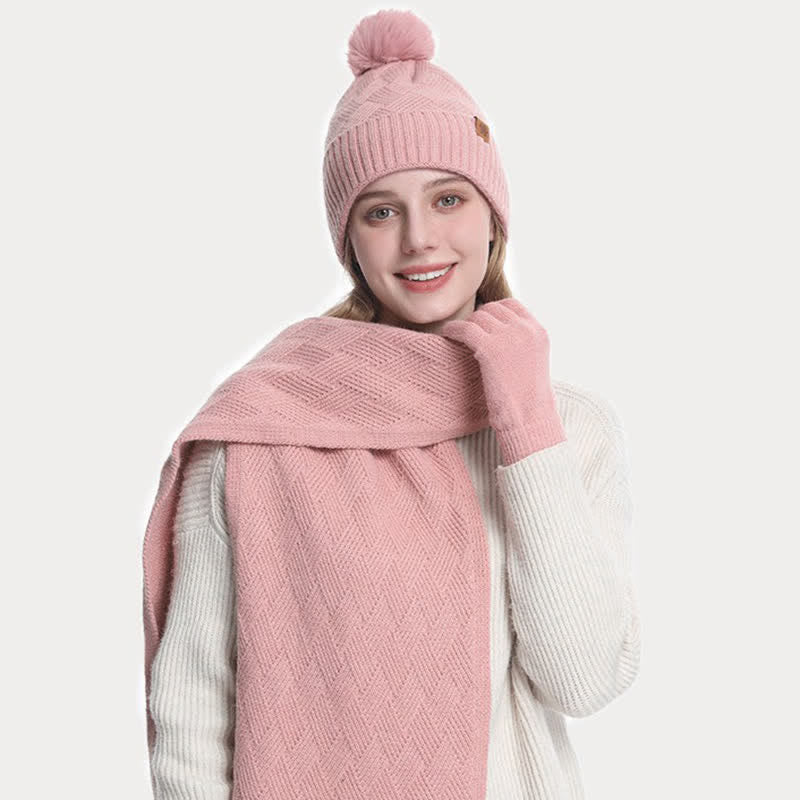3Pcs Solid Color Fluffy Pom Pom Hat Scarf Gloves Set - image 6
