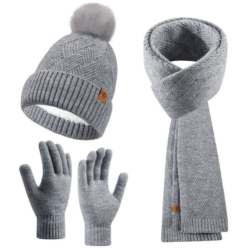 3Pcs Solid Color Fluffy Pom Pom Hat Scarf Gloves Set - Gray - Adjustable (21 1/4"-22 7/8") - image 13