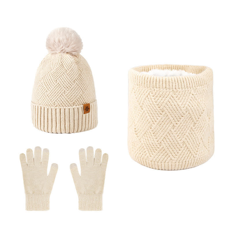 3Pcs Weaving Pattern Hat Neck Gaiter Gloves Set - Beige - Adjustable (21 1/4"-22 7/8") - image 12