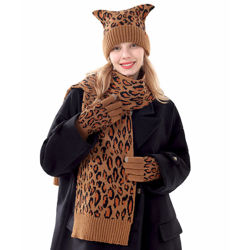 3Pcs Leopard Print Cute Cat Ear Hat Scarf Gloves Set - image 1