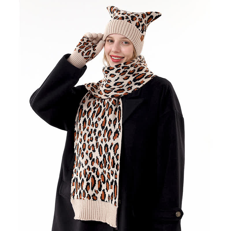 3Pcs Leopard Print Cute Cat Ear Hat Scarf Gloves Set - image 9