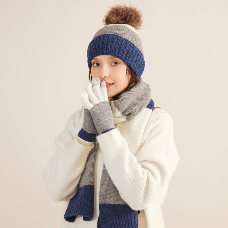 3Pcs Triple Color Block Warm Hat Scarf Gloves Set - image 1