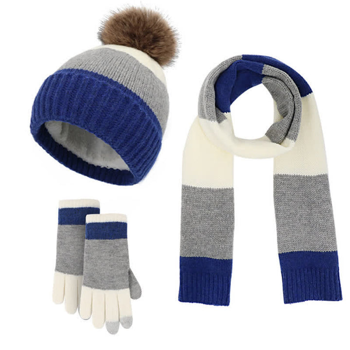 3Pcs Triple Color Block Warm Hat Scarf Gloves Set - Blue - Adjustable (21 1/4"-22 7/8") - image 0