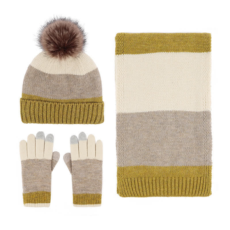3Pcs Triple Color Block Warm Hat Scarf Gloves Set - Yellow - Adjustable (21 1/4"-22 7/8") - image 7