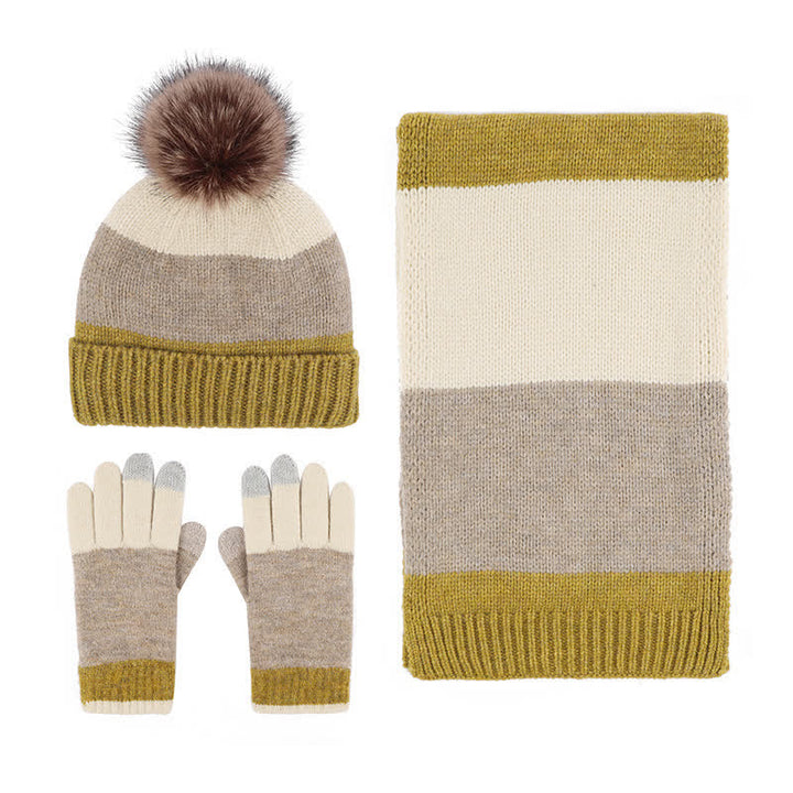 3Pcs Triple Color Block Warm Hat Scarf Gloves Set - Yellow - Adjustable (21 1/4"-22 7/8") - image 7
