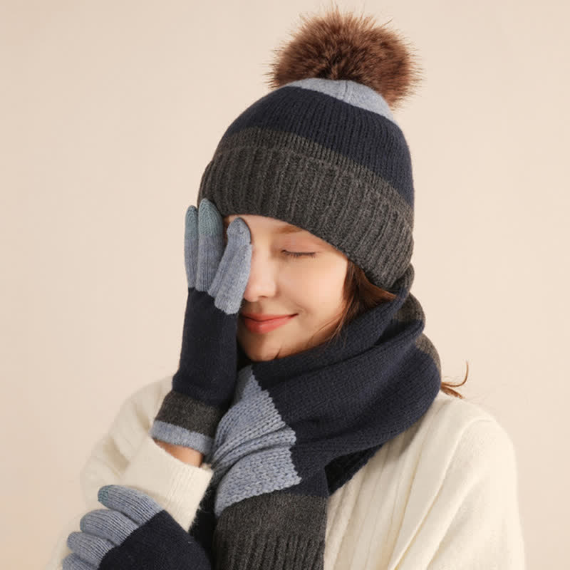 3Pcs Triple Color Block Warm Hat Scarf Gloves Set - image 11